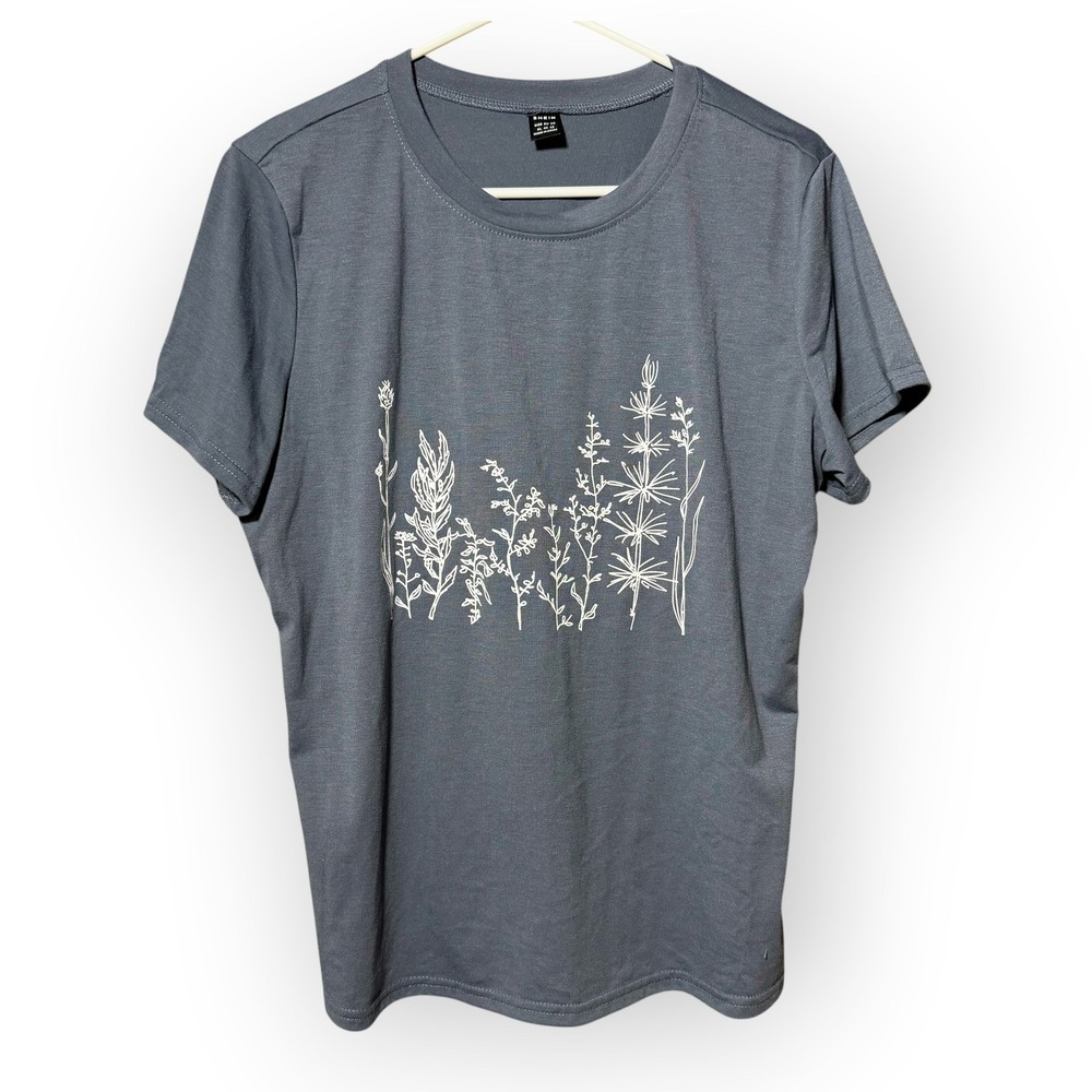 SHEIN Womens XL Blue‎ Floral Graphic Short Sleeve Crew Neck T-Shirt Tee